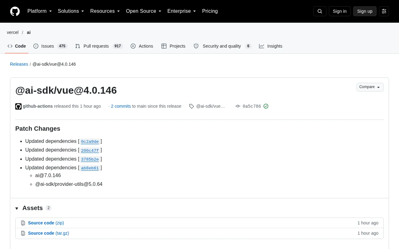 @ai-sdk/vue 4.0.146 Patch Release: Dependency Chain Update