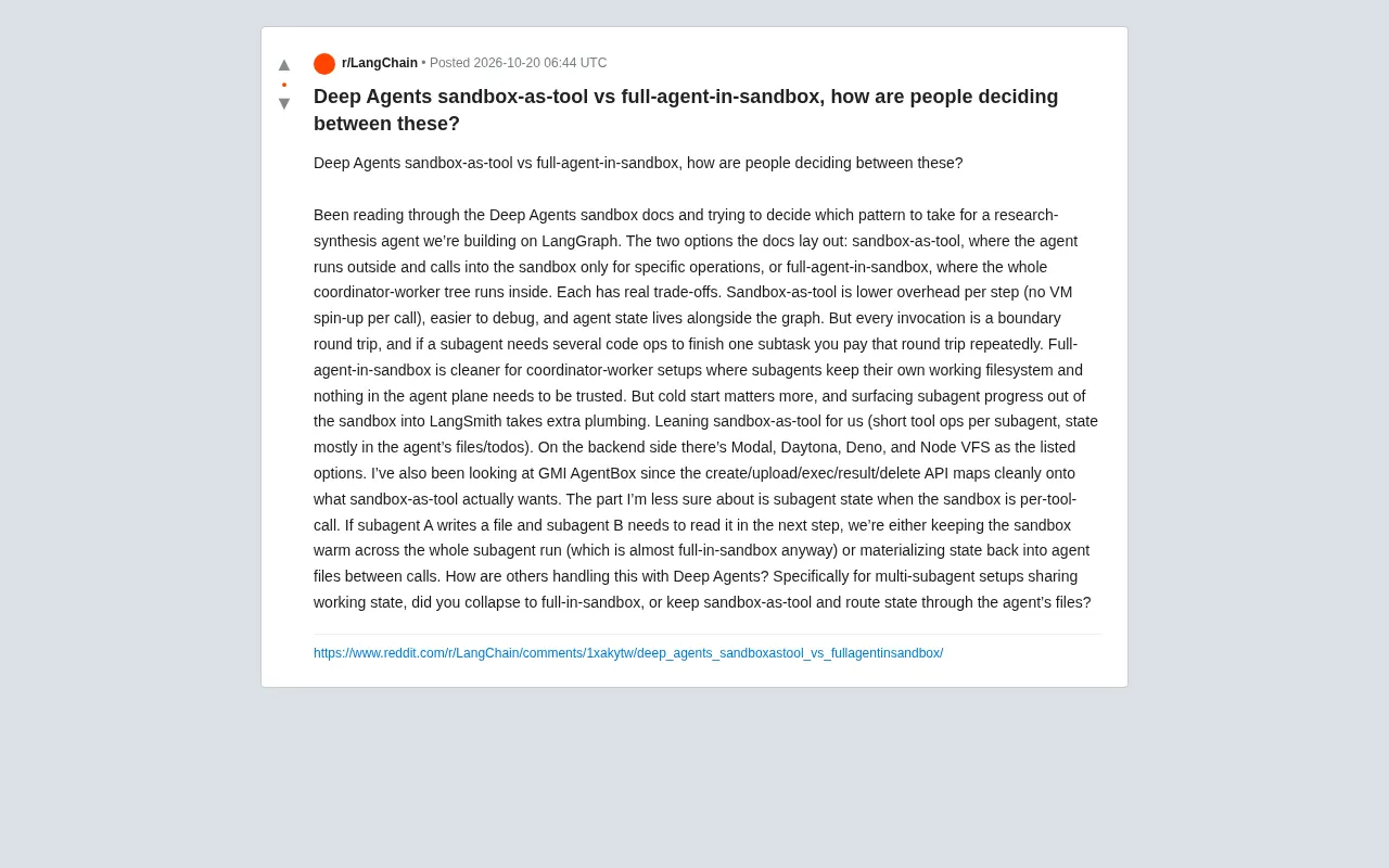 Deep Agents Sandbox Architecture: sandbox-as-tool or Full-Agent-in-Sandbox?