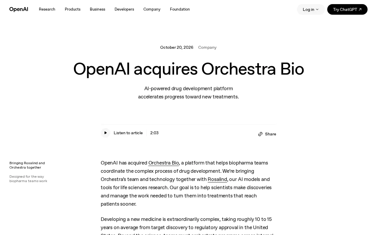 OpenAI收购Orchestra Bio:AI赋能生命科学研发
