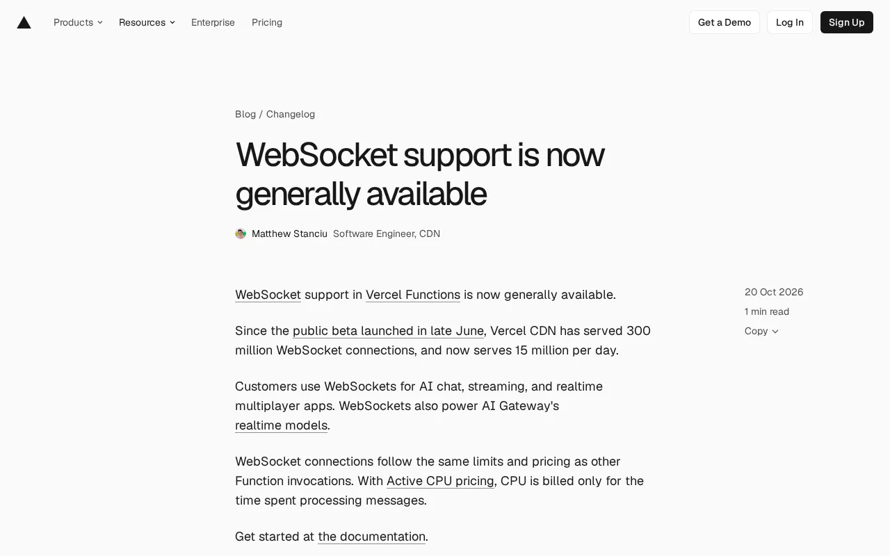 Vercel Functions WebSocket Now Generally Available: 15 Million Daily Active Connections