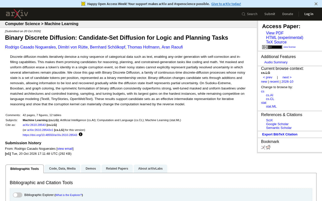 Binary Discrete Diffusion: Solving Logic and Planning Tasks with Candidate-Set Diffusion