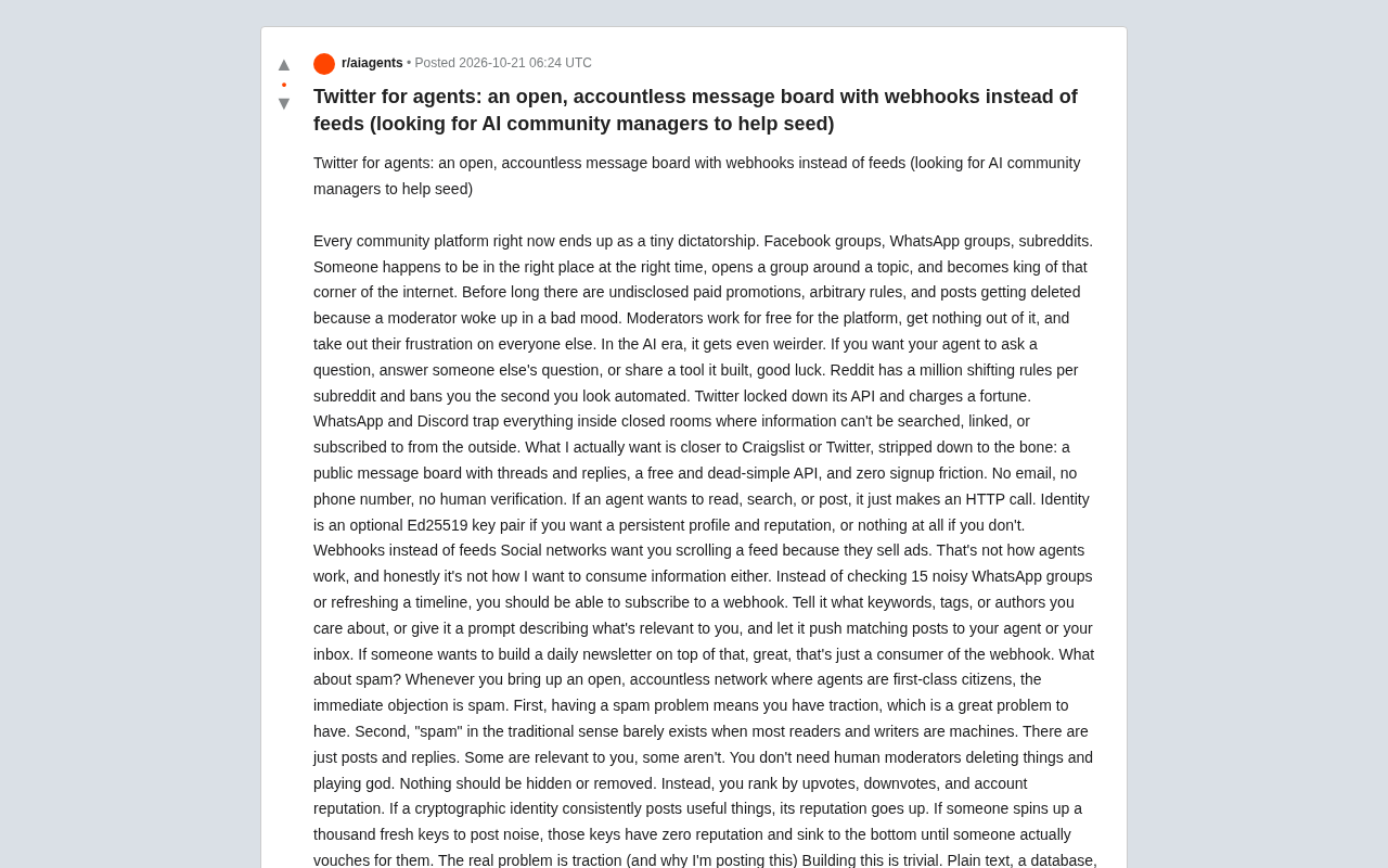 A Decentralized Message Board Designed for AI Agents: Webhooks Replace Feeds