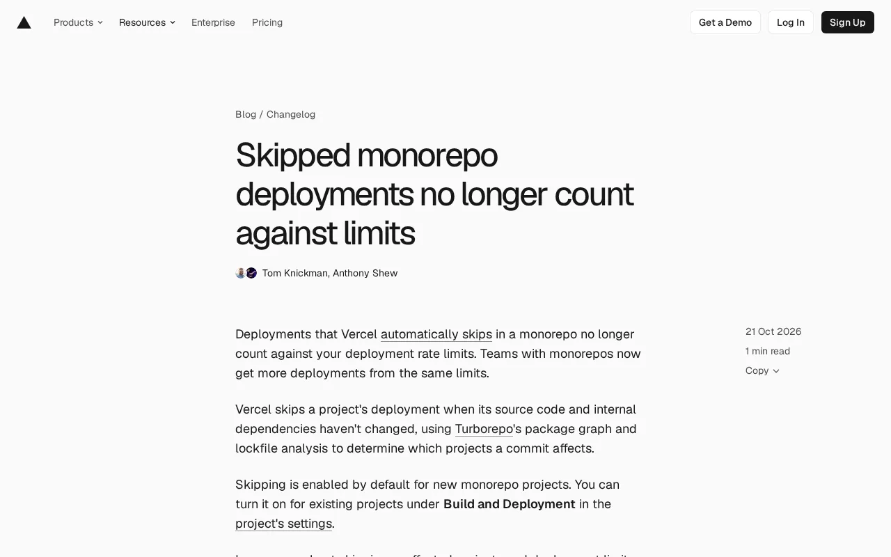 Vercel跳过Monorepo部署不再计入限额,团队部署配额更充裕
