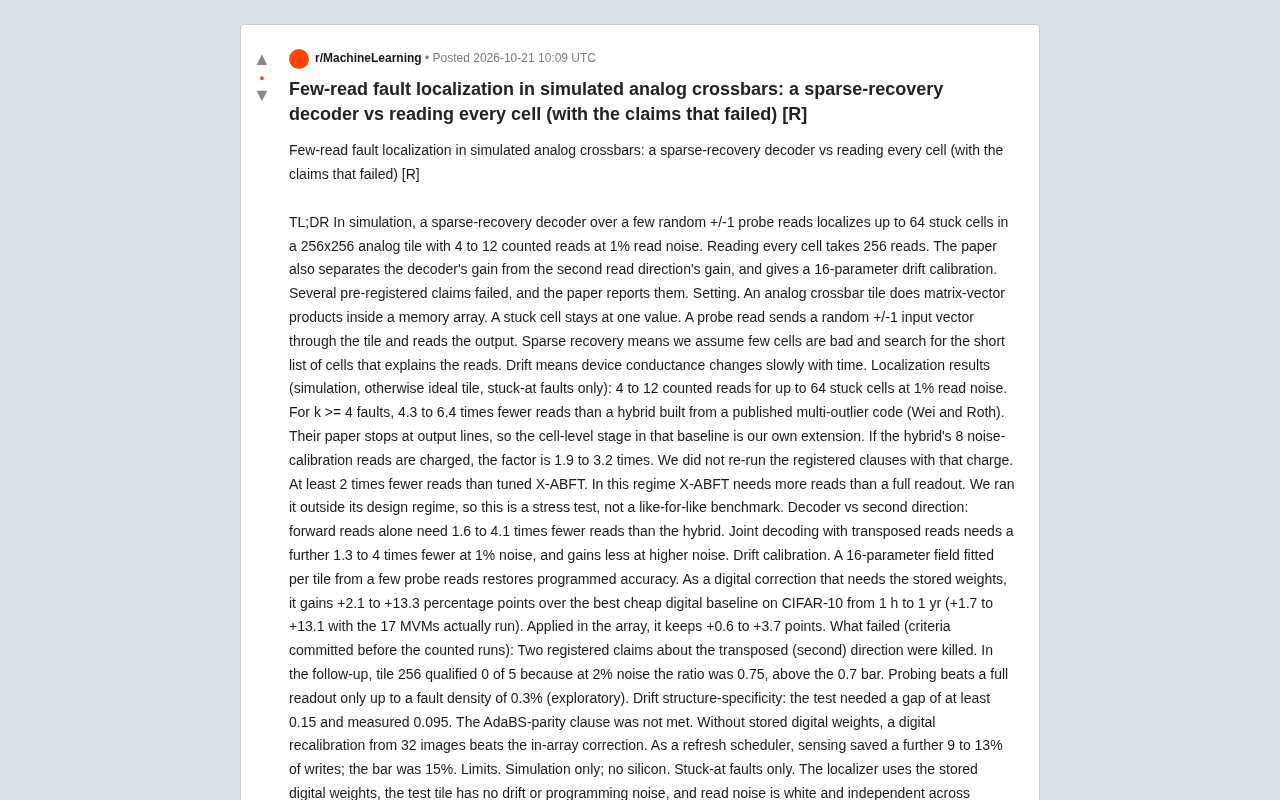Analog In-Memory Computing Fault Localization: Sparse Recovery Decoder Needs Only 4-12 Reads