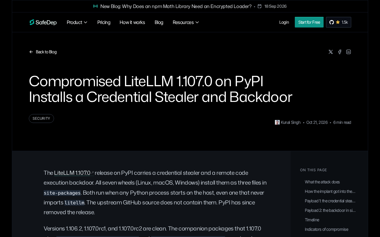 LiteLLM 1.107.0 Caught in Supply Chain Attack: Credential Stealer and Backdoor Planted in PyPI Package