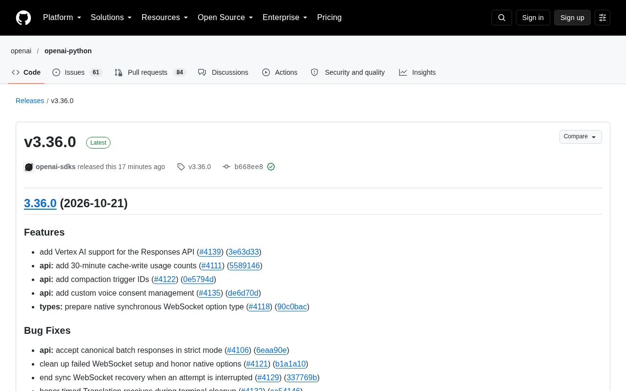 OpenAI Python SDK v3.36.0 Released: Vertex AI Integration and WebSocket Stability Upgrade