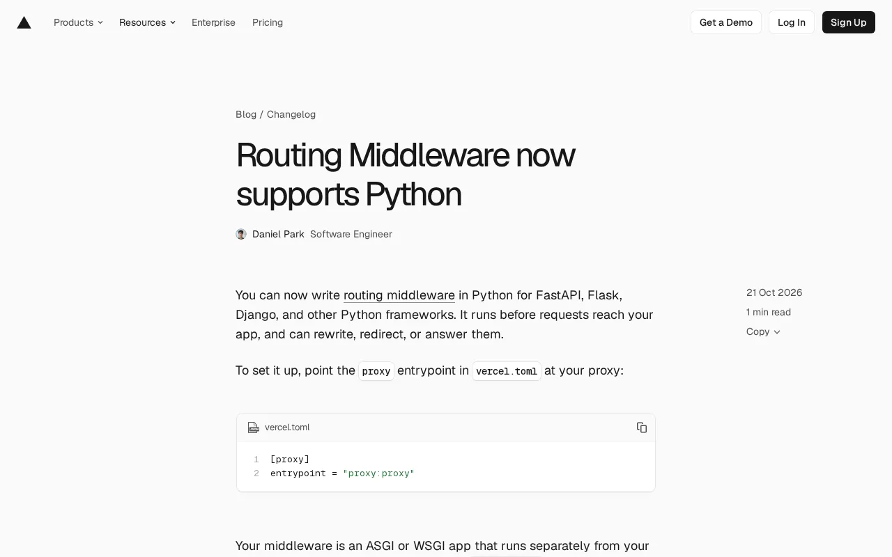 Vercel Routing Middleware Supports Python