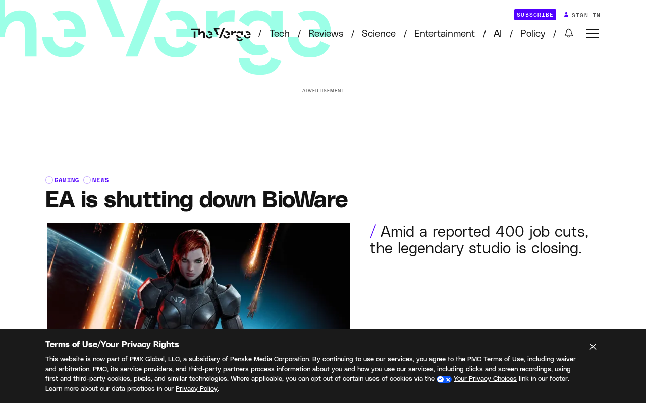 EA关闭BioWare工作室,新《质量效应》开发终止