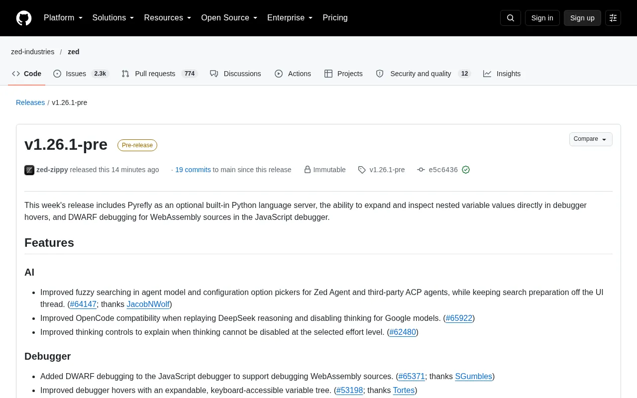 Zed v1.26.1-pre Released: Pyrefly and Debugger Upgrades