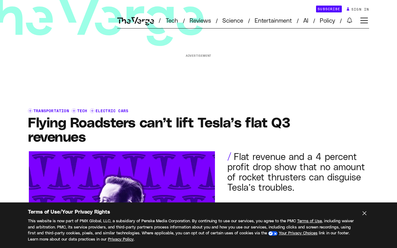 Tesla Q3 Revenue Stalls as Flying Roadster Fails to Mask Growth Woes