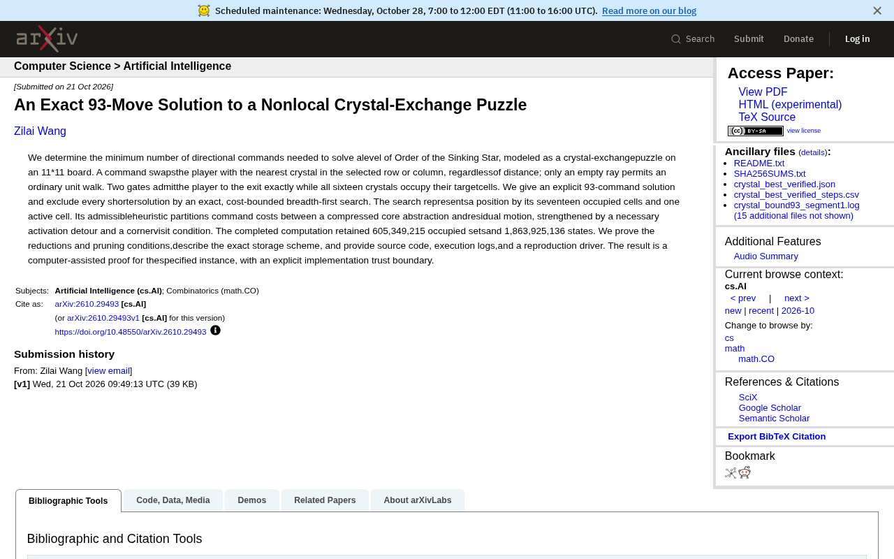 A 93-Move Optimal Solution: An Exact Proof for a Nonlocal Crystal-Exchange Puzzle