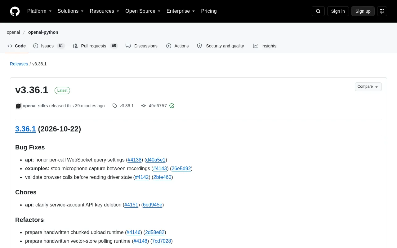 OpenAI SDK v3.36.1 发布:修复 WebSocket 与浏览器调用问题