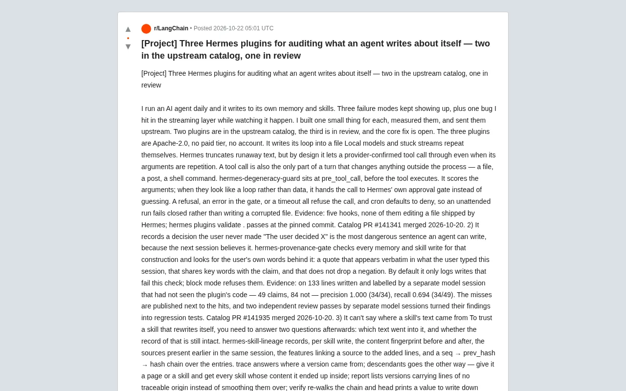 Three Hermes Plugins Audit AI Agents' Self-Written Memory