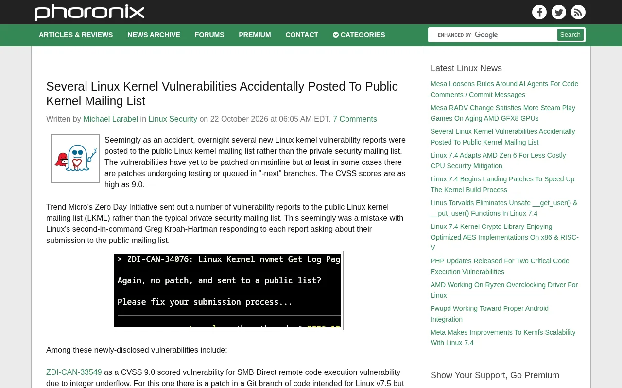 Linux Kernel Vulnerabilities Accidentally Posted to Public Mailing List: How Coordinated Disclosure Failed
