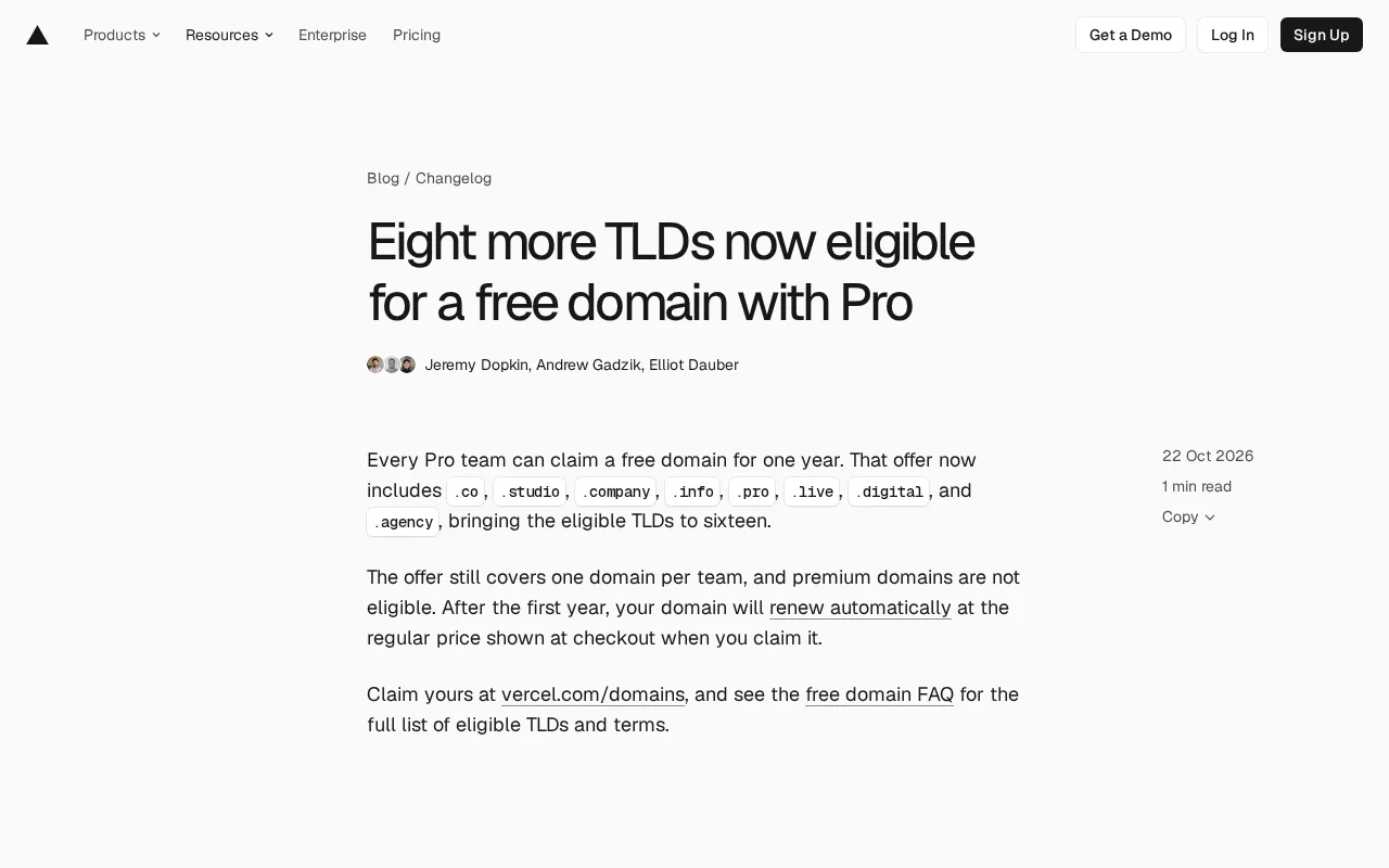 Vercel Pro Adds 8 New TLDs to Free Domain Offering, Bringing Total to 16