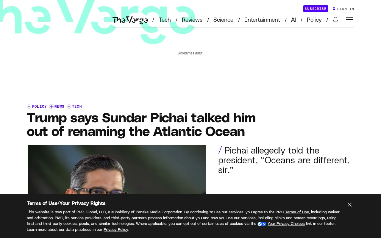 Trump Abandons Plan to Rename the Atlantic: Google CEO Talked Him Out of It