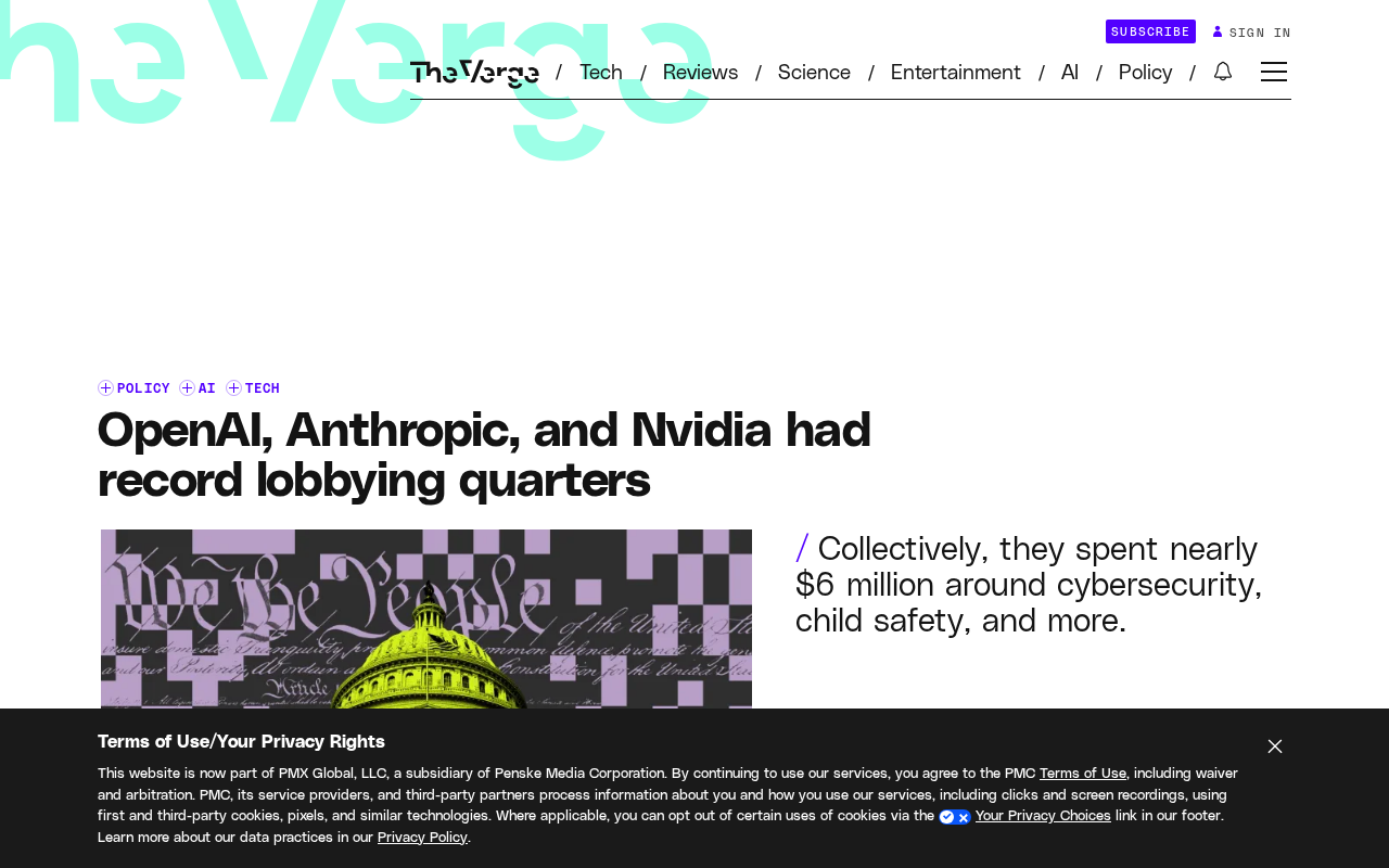 AI三巨头游说支出创纪录:Nvidia、Anthropic、OpenAI夏季砸重金