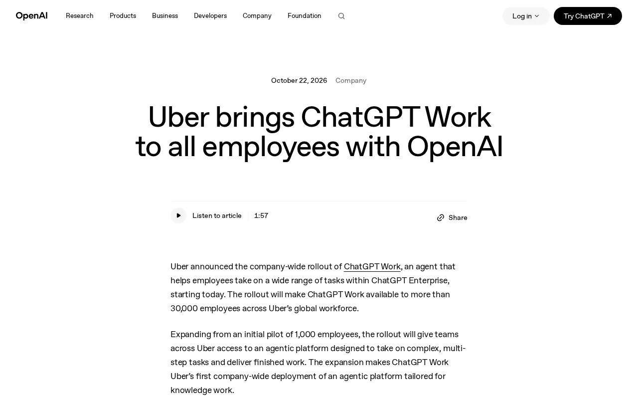 Uber Deploys ChatGPT Work Company-Wide: 30,000 Employees Gain Access to OpenAI Enterprise Edition