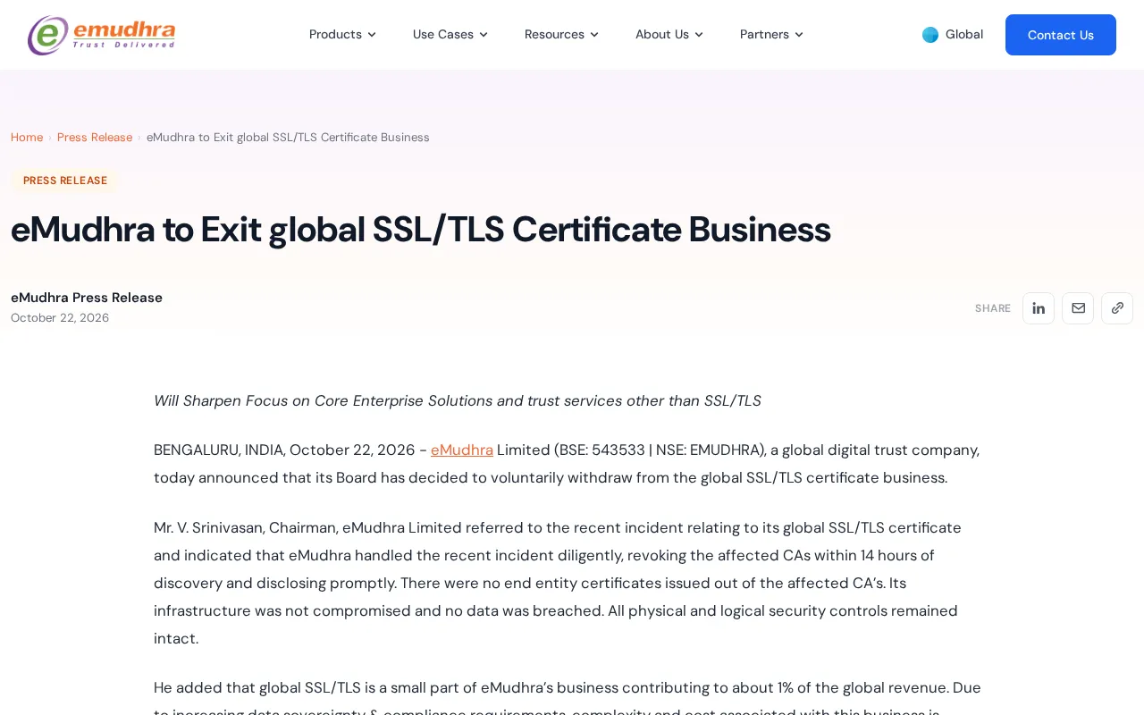 eMudhra Exits Global SSL/TLS Certificate Business: Why the Indian CA Giant Is Walking Away