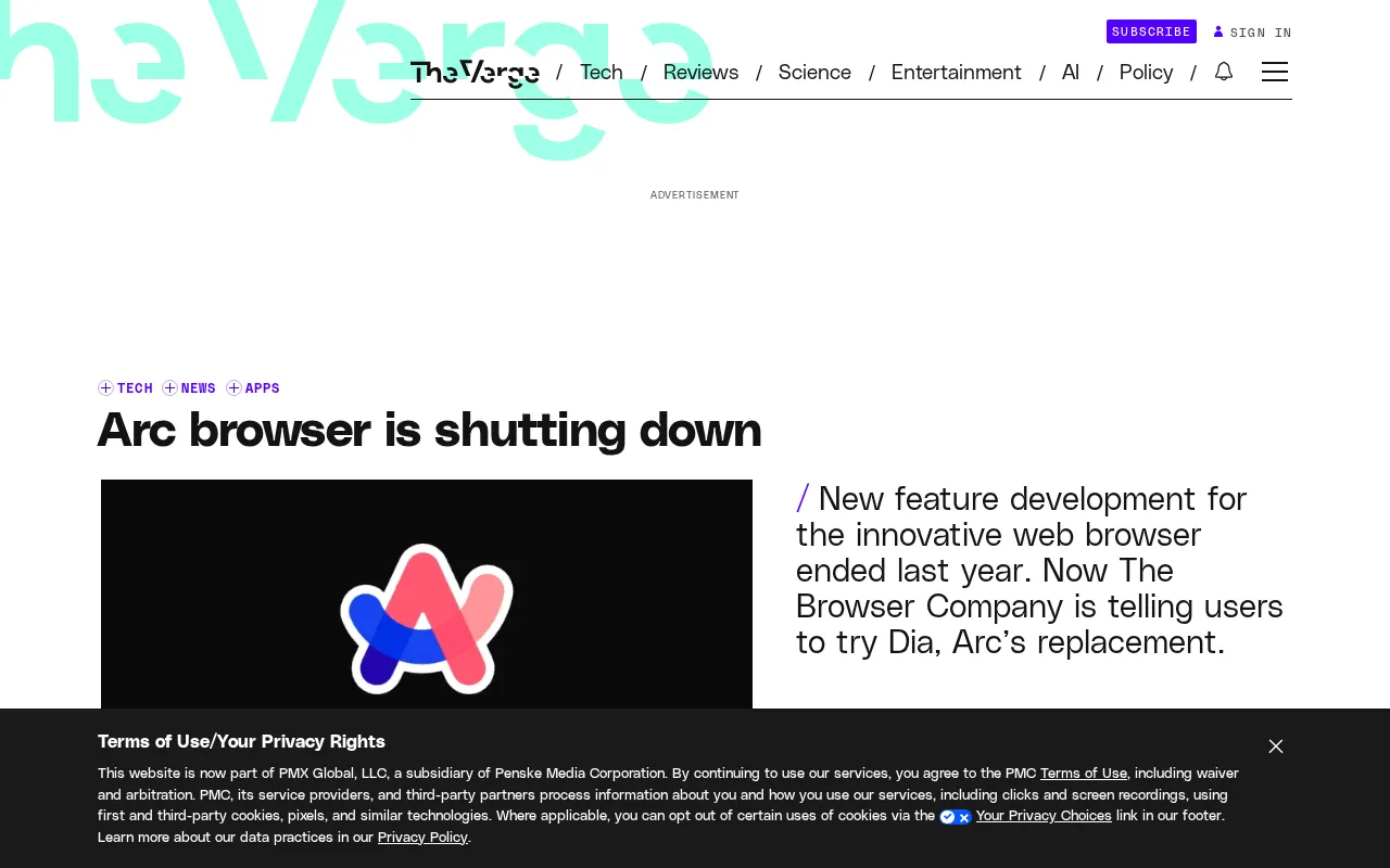 Arc浏览器正式落幕:12月22日停服,AI浏览器Dia接棒