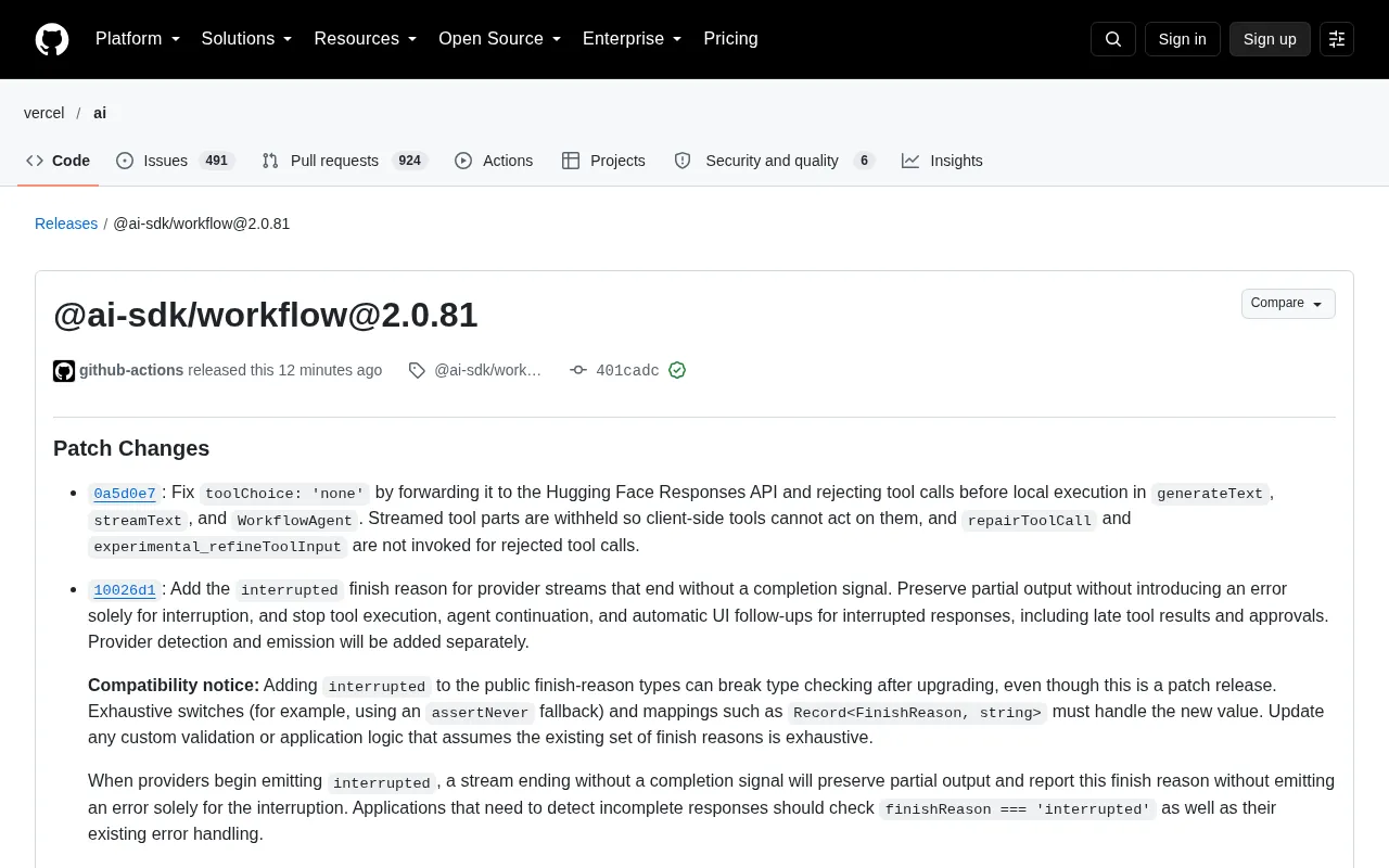 AI SDK 2.0.81 Released: Fixes toolChoice and Adds Interrupted Finish Reason