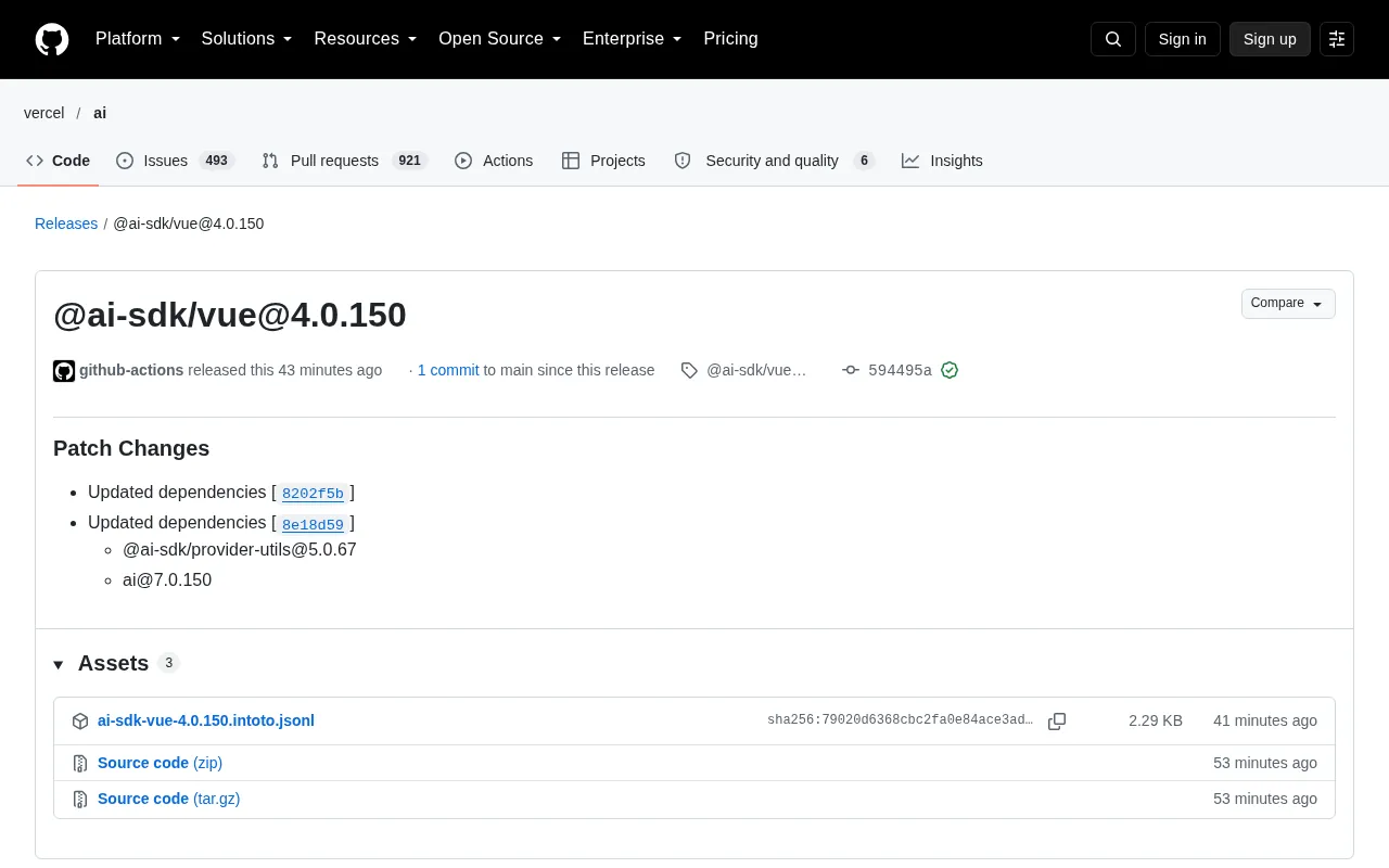 @ai-sdk/vue 4.0.150 Released: The Version Alignment Logic Behind Dependency Updates