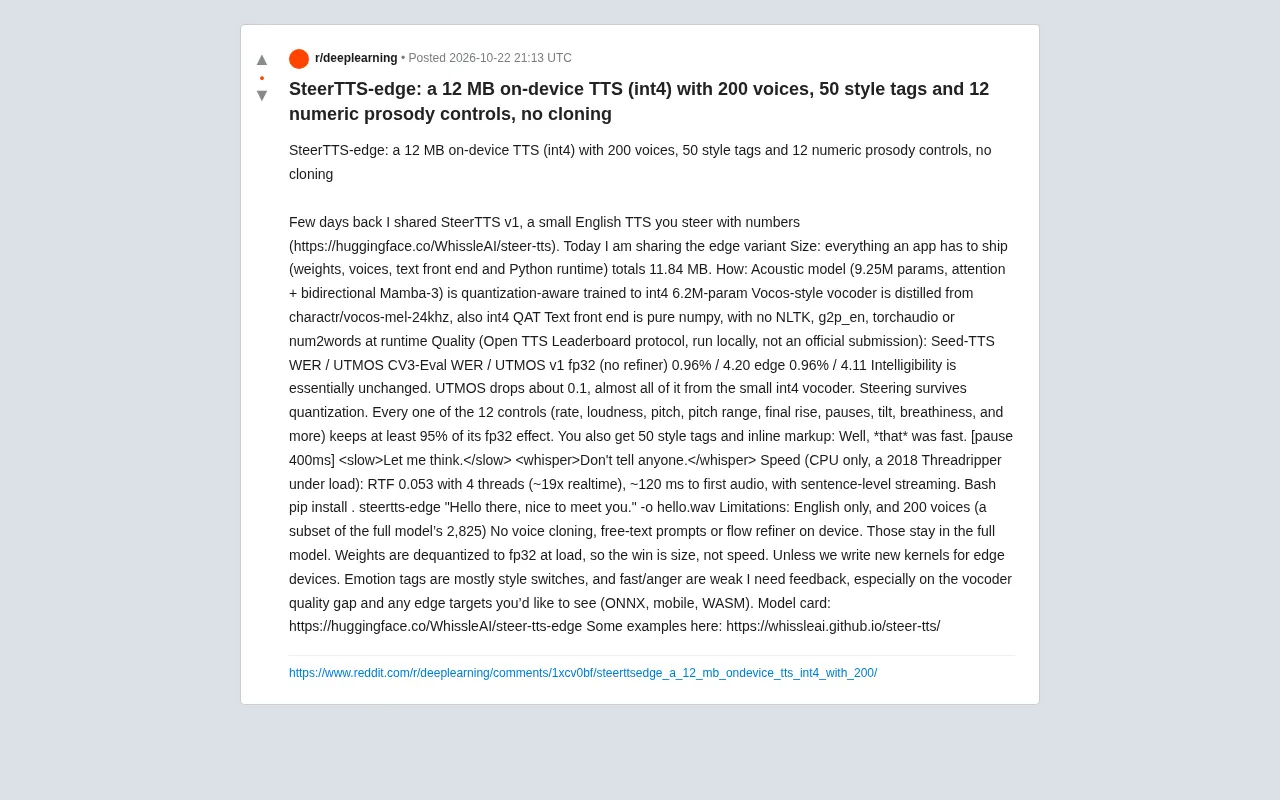 New 12MB On-Device TTS Option: SteerTTS-edge Supports 200 Voices and 50 Styles
