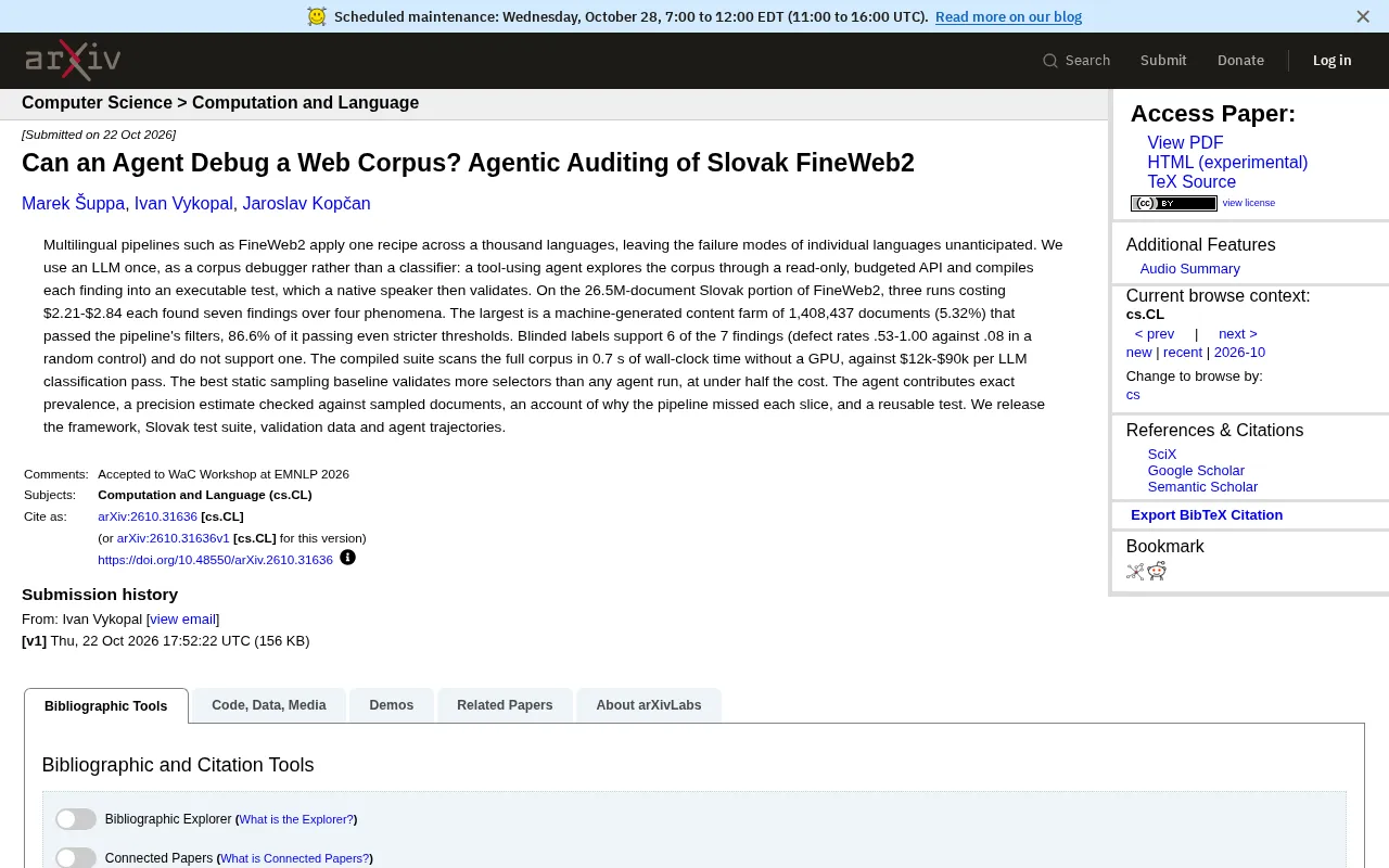 How an LLM Agent Audited a Slovak Corpus: Discovering Machine-Generated Content Farms