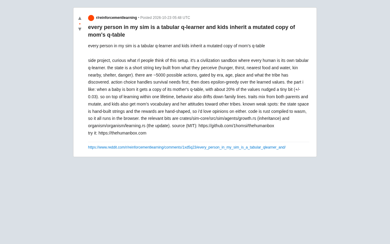 每个模拟人都是Q学习器:子代继承母亲Q表并变异