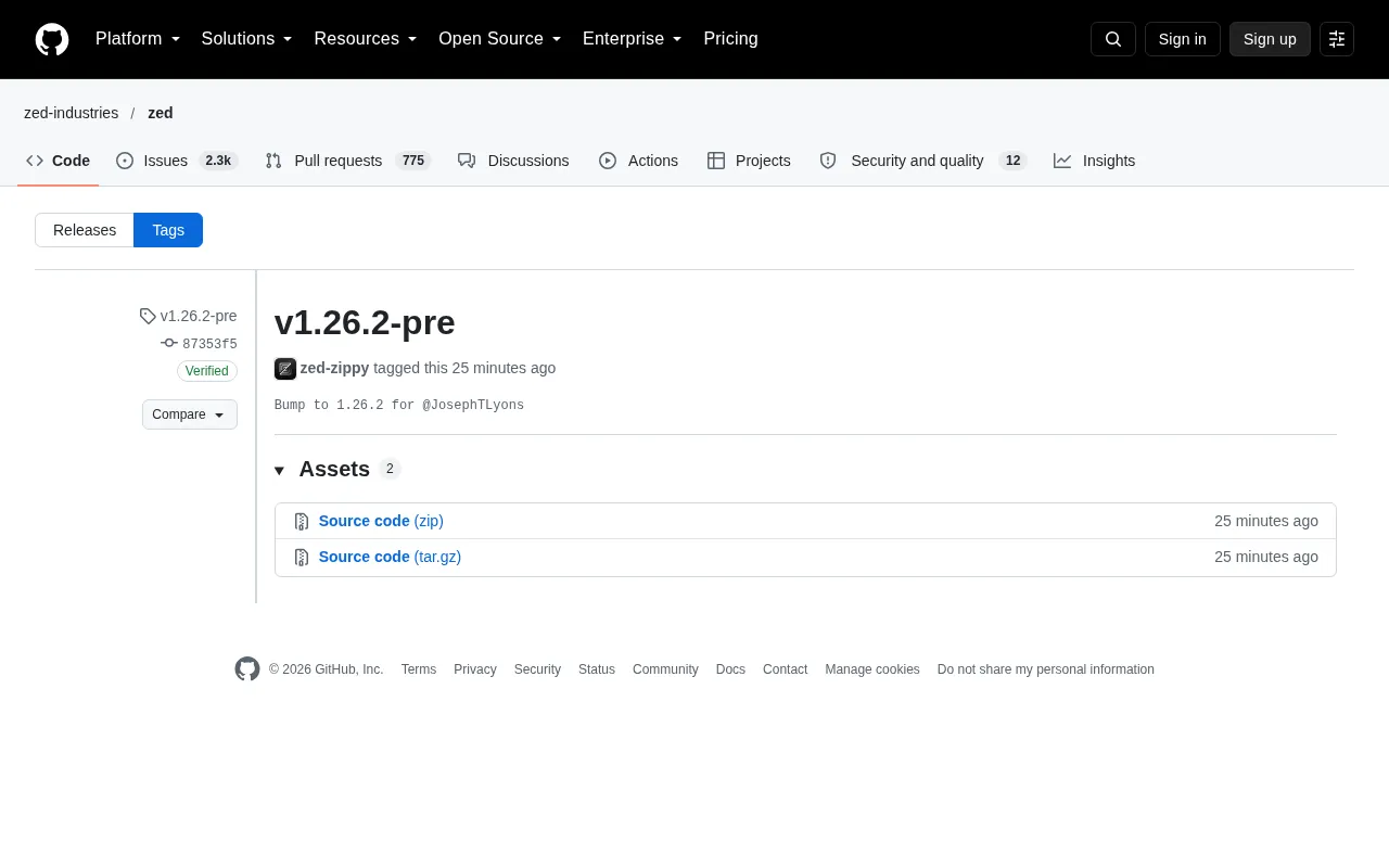 Zed Editor Releases v1.26.2-pre Pre-release Version