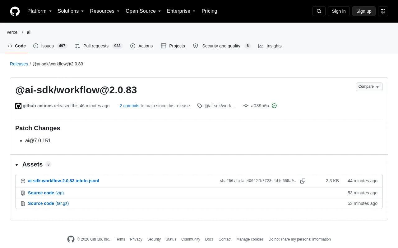 AI SDK Workflow 2.0.83 Released: Patch Update and Version Dependencies