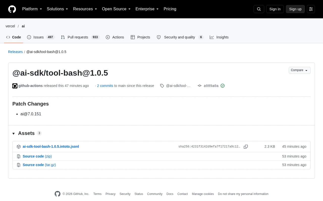 @ai-sdk/tool-bash 1.0.5 Update: Bash Tool Patch for AI SDK