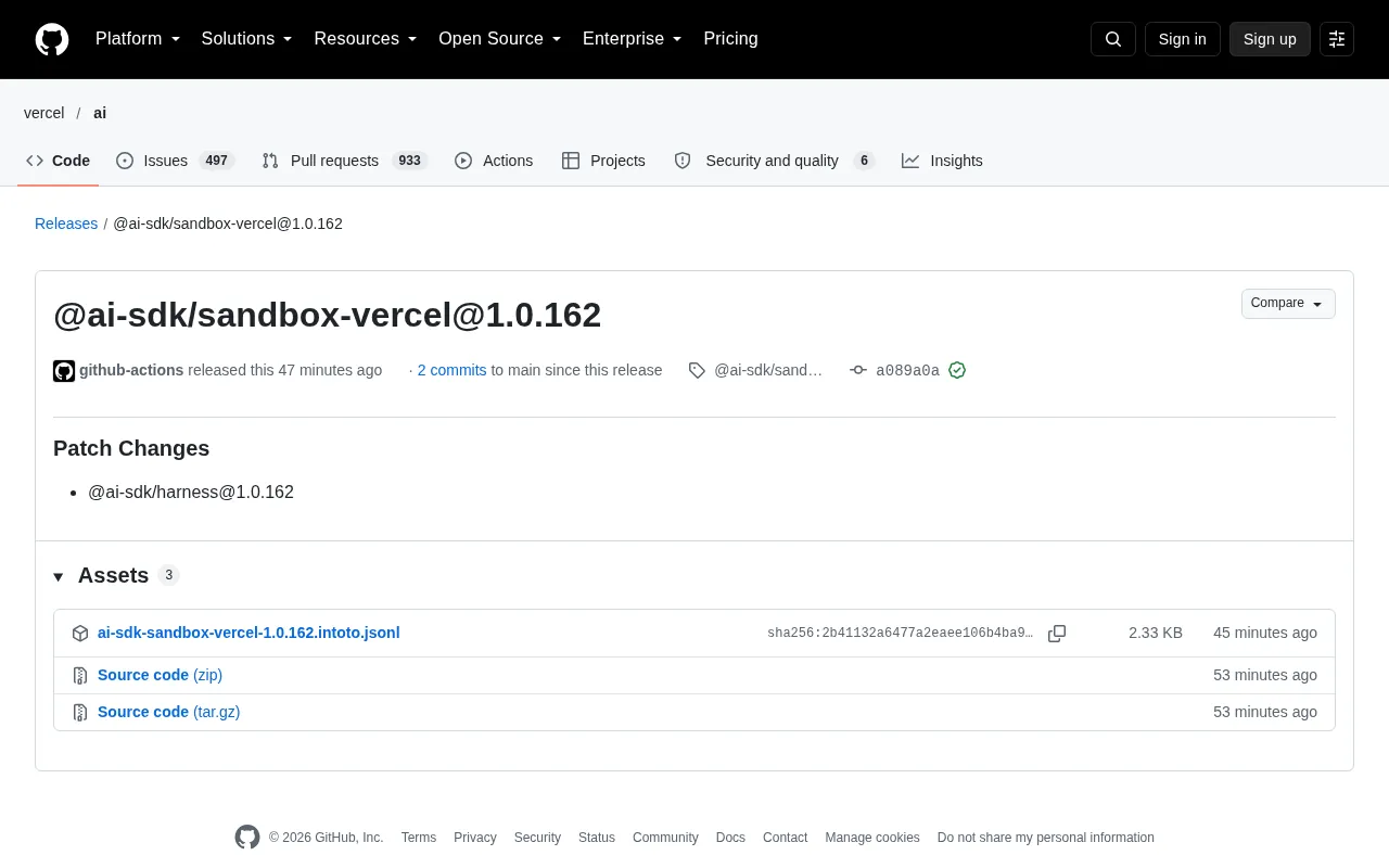 AI SDK Ecosystem Update: sandbox-vercel Releases 1.0.162 Patch