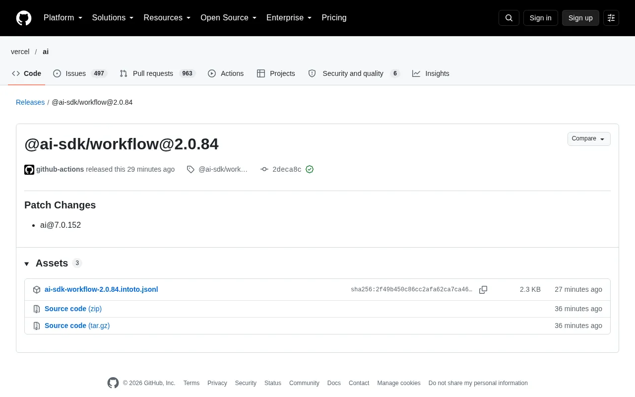 AI SDK Workflow 2.0.84 Patch Released: ai Package Upgraded to 7.0.152