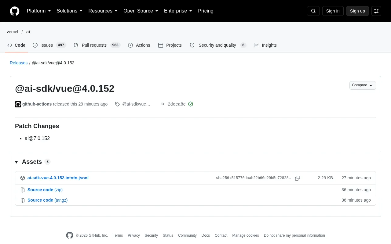 AI SDK Vue 4.0.152 Patch Released: Synced Upgrade of the ai Package