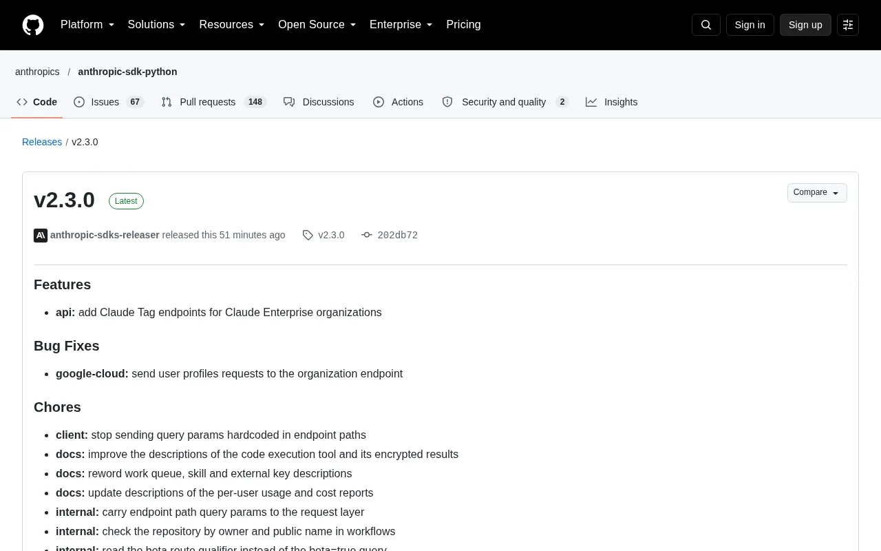 Anthropic SDK v2.3.0 Released: Claude Tag Endpoints and Multiple Internal Refactors