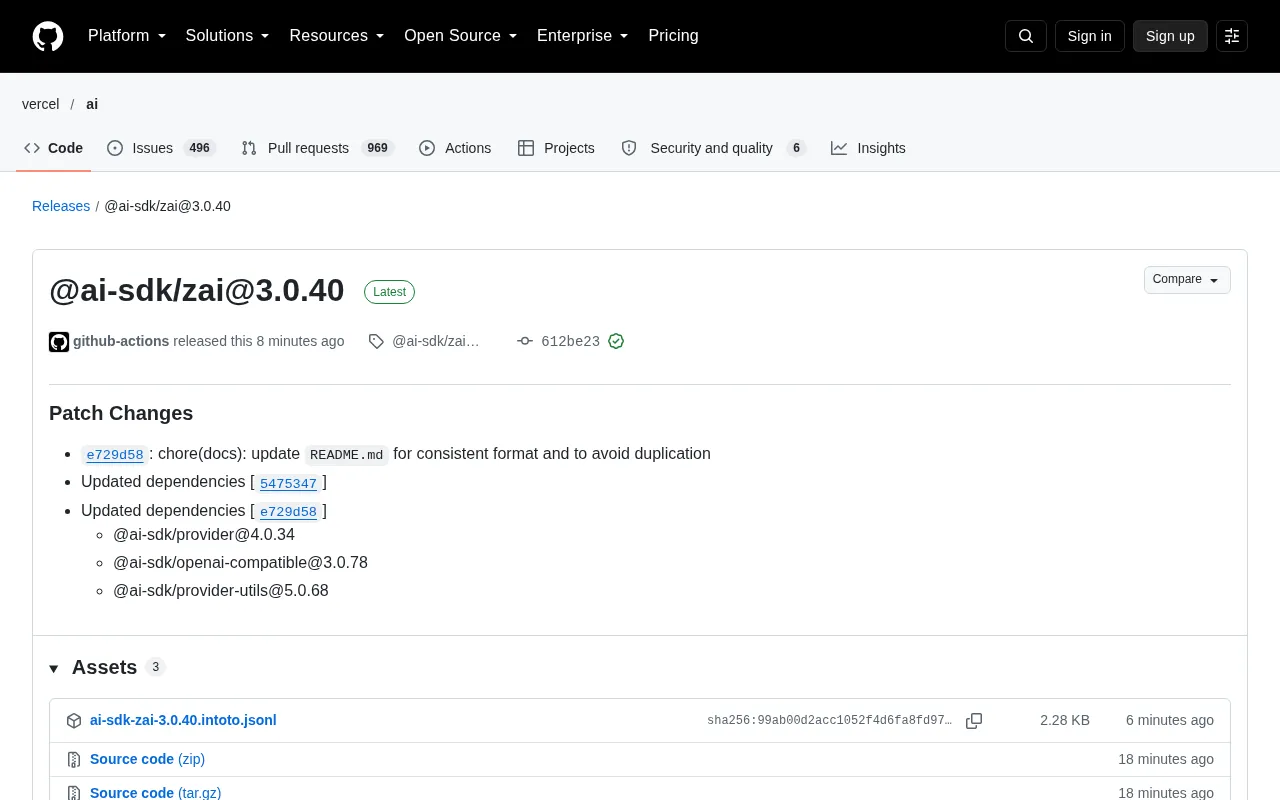 @ai-sdk/zai 3.0.40 Released: Patch Update and Dependency Sync