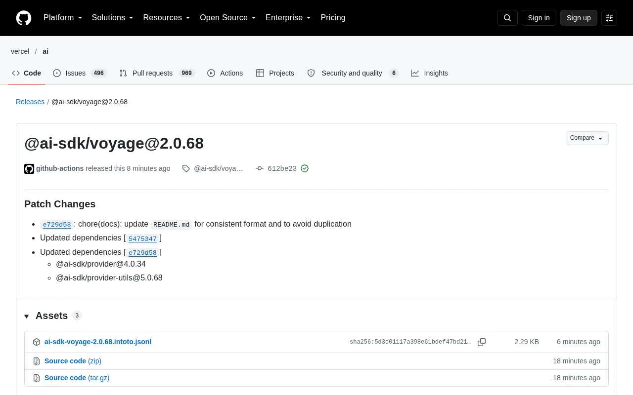 AI SDK Voyage 2.0.68 Released: Documentation Improvements and Dependency Updates