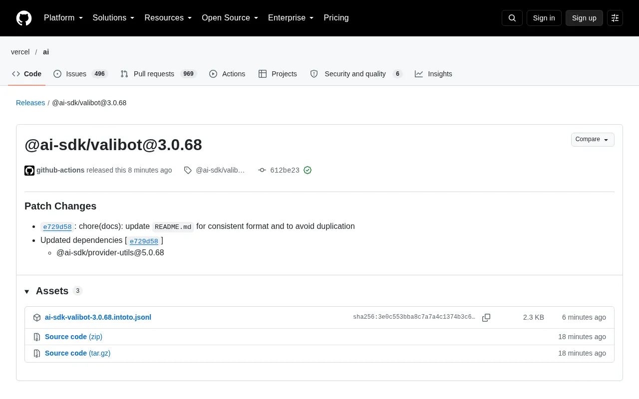 @ai-sdk/valibot 3.0.68 Patch Release: Documentation Deduplication and Dependency Sync