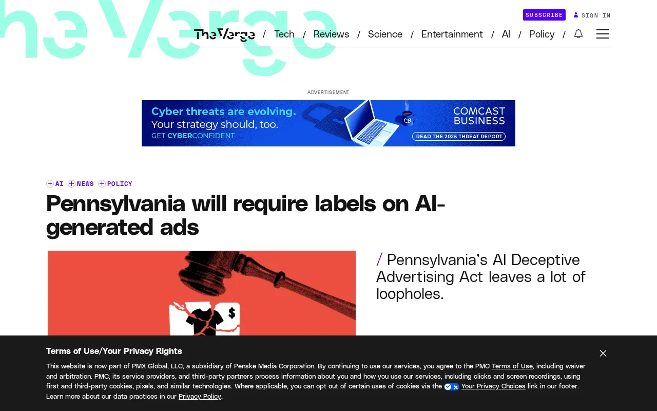 Pennsylvania Signs AI Advertising Disclosure Bill, Requiring Labels on Generated Content