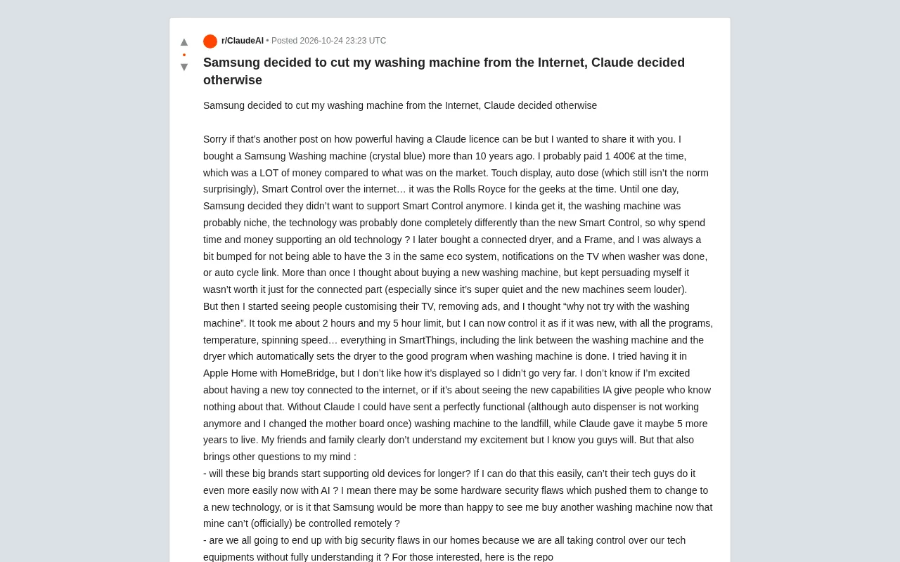Samsung Cut Off My Washing Machine's Network—Claude Helped Me Restore Smart Control
