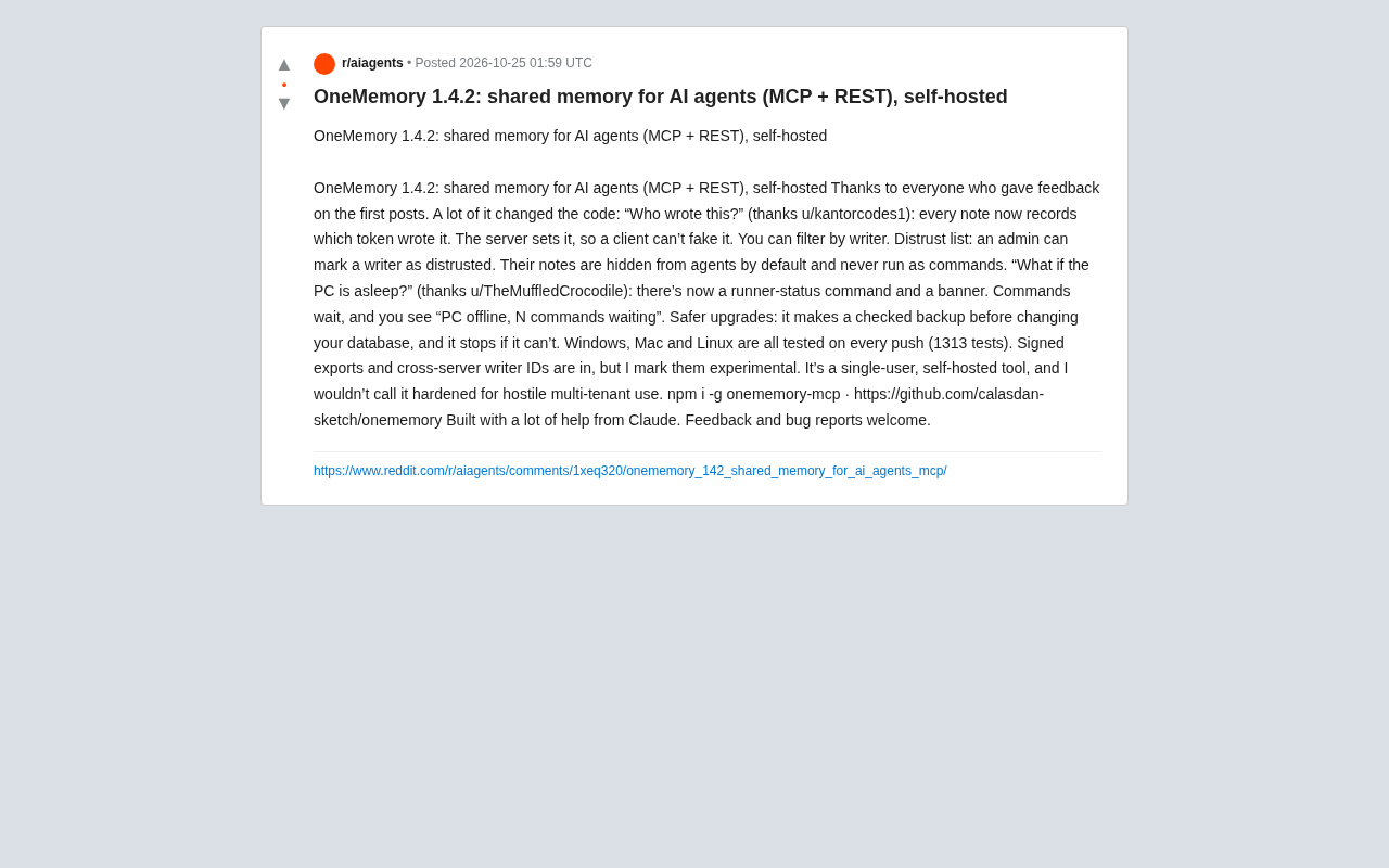 OneMemory 1.4.2 Released: A Self-Hosted Shared Memory Tool Built for AI Agents