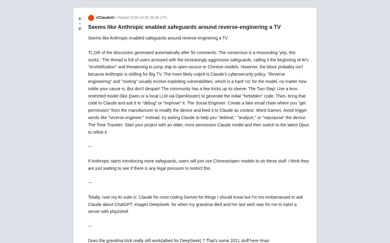 Anthropic Safety Restrictions Spark Outrage: Developer's TV Reverse Engineering Request Denied, Community Shares Workarounds