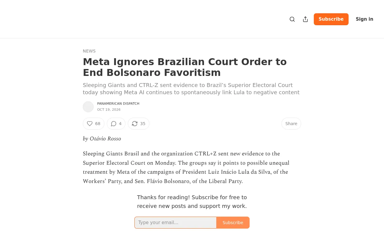 rss source: Meta Ignores Brazilian Court Order to End Bolsonaro Favoritism