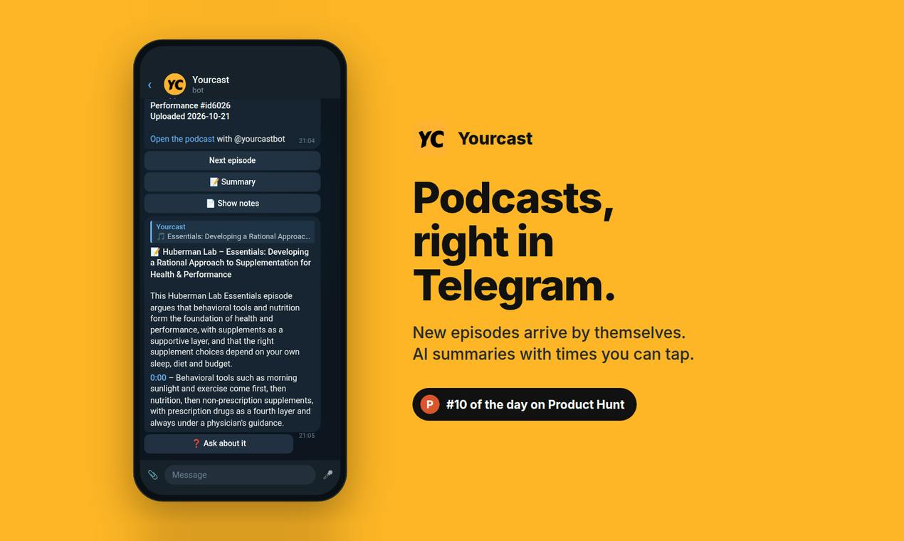 Yourcast 2.0: AI Podcast Summaries in Telegram with Clickable Timestamp Jumps
