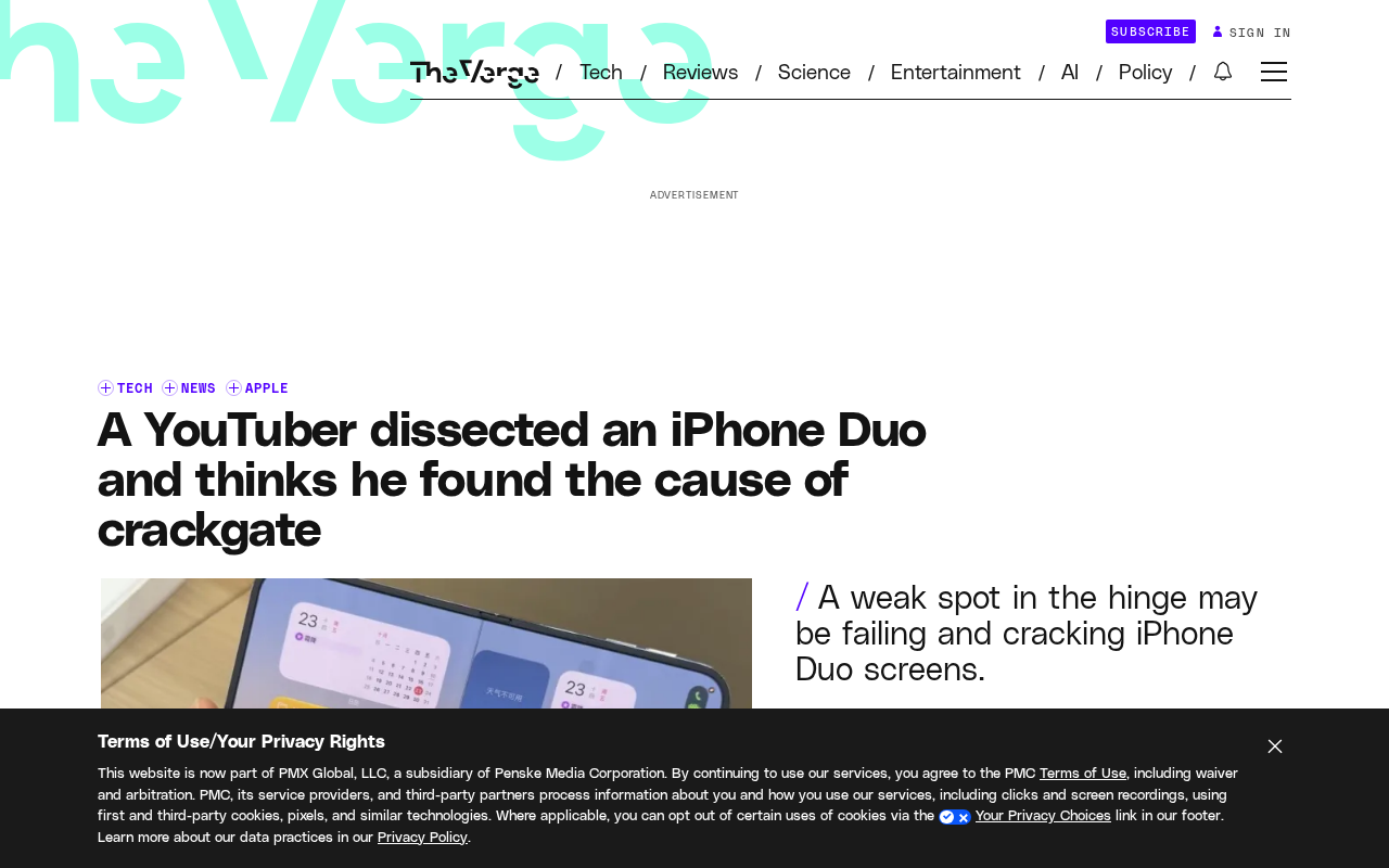 iPhone Duo碎屏门:YouTuber拆解揭示铰链缺陷