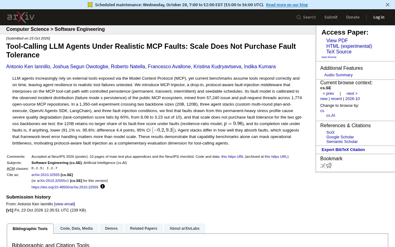 Do Larger LLMs Handle Errors Better? MCP Fault Injection Experiment Says No