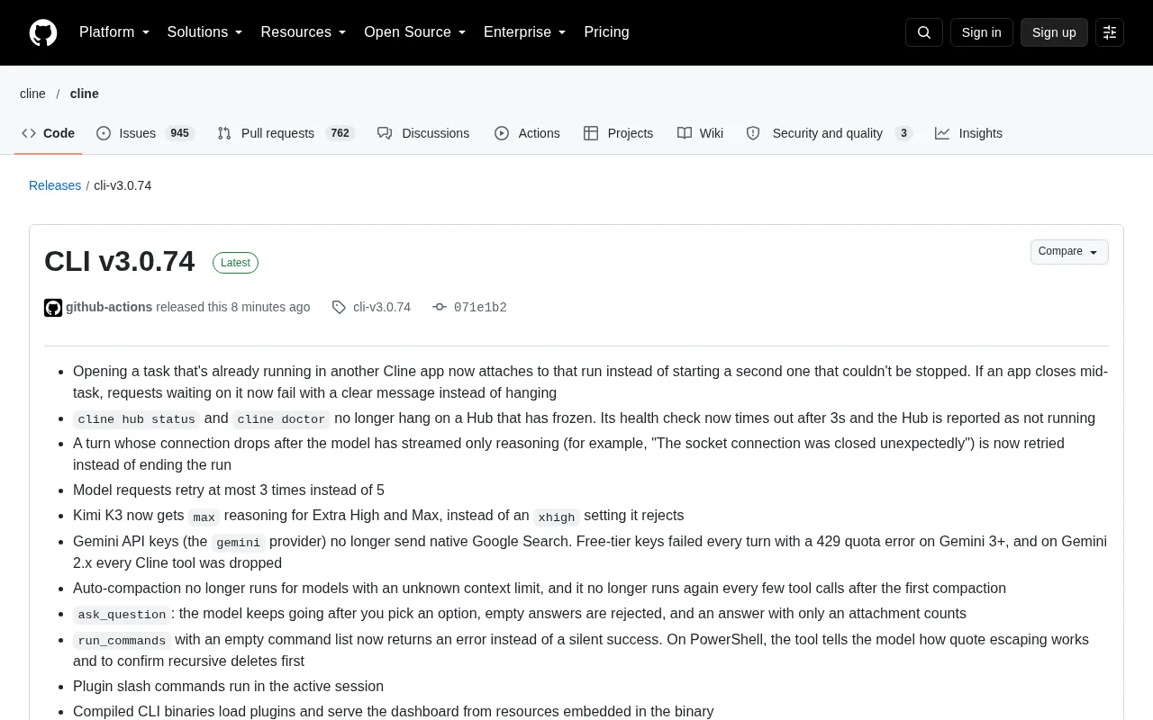 Cline CLI v3.0.74 Released: Task Resume and Model Catalog Overhaul