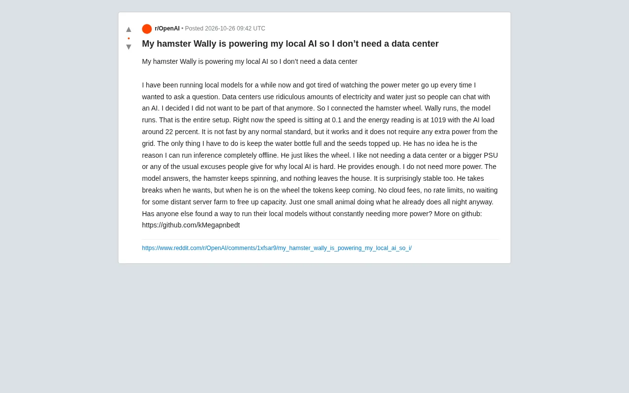 Hamster Wheel Powers Local AI: A Dark Comedy About Compute Energy Consumption