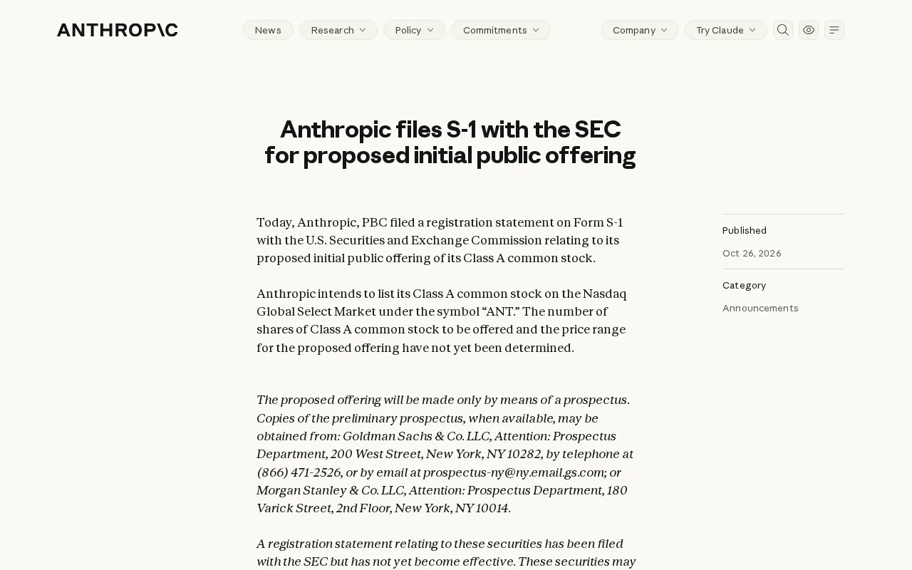 Anthropic Confidentially Files S-1, Formally Kicks Off IPO Process